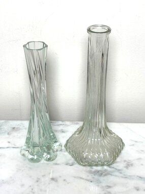 Vintage Ribbed Glass Vases Set of 2 Green Tint Bud Vase Tall Centerpiece Decor
